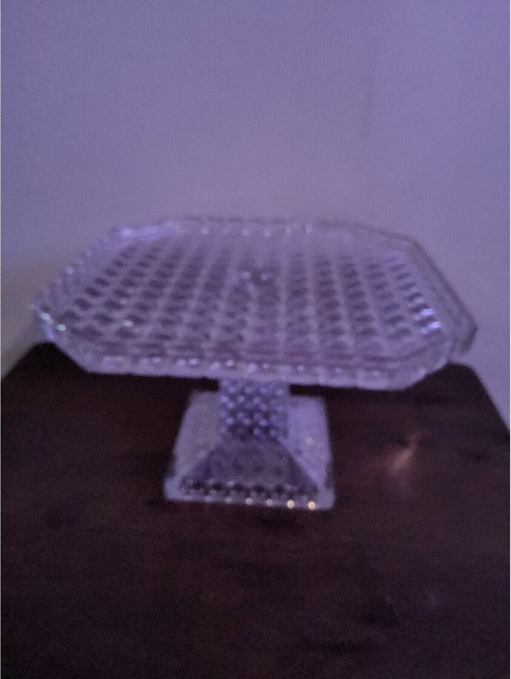 Vintage Clear Pressed Glass Pedestal Cake Stand Geometric Starburst Rum Well